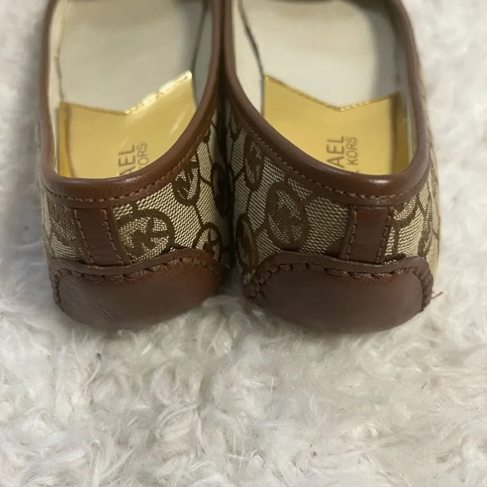 Michael Kors Brown and Gold Women's Flats fabric logo with leather trim SZ 7